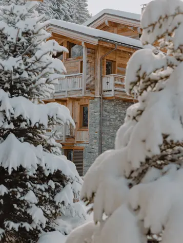 Wooden alpine chalet surrounded by snow-covered pine trees in a peaceful winter mountain setting.